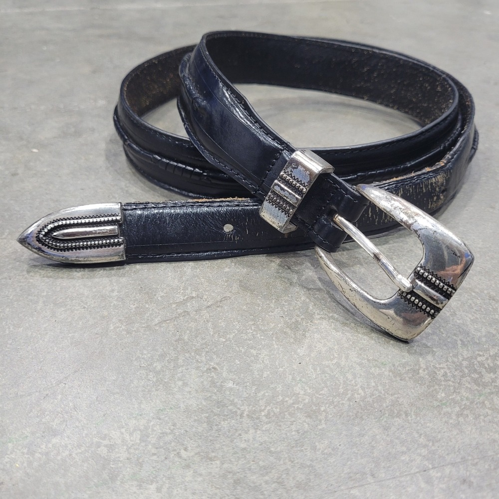 Vintage Enmon Belt 44 Black Leather Western Ranchwear Cowboy Engraved Rodeo